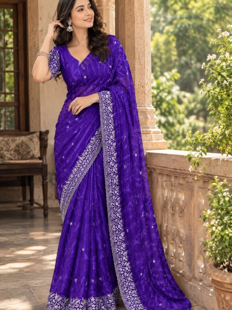 Purple Chiffon Multi Panel Work Designer Saree