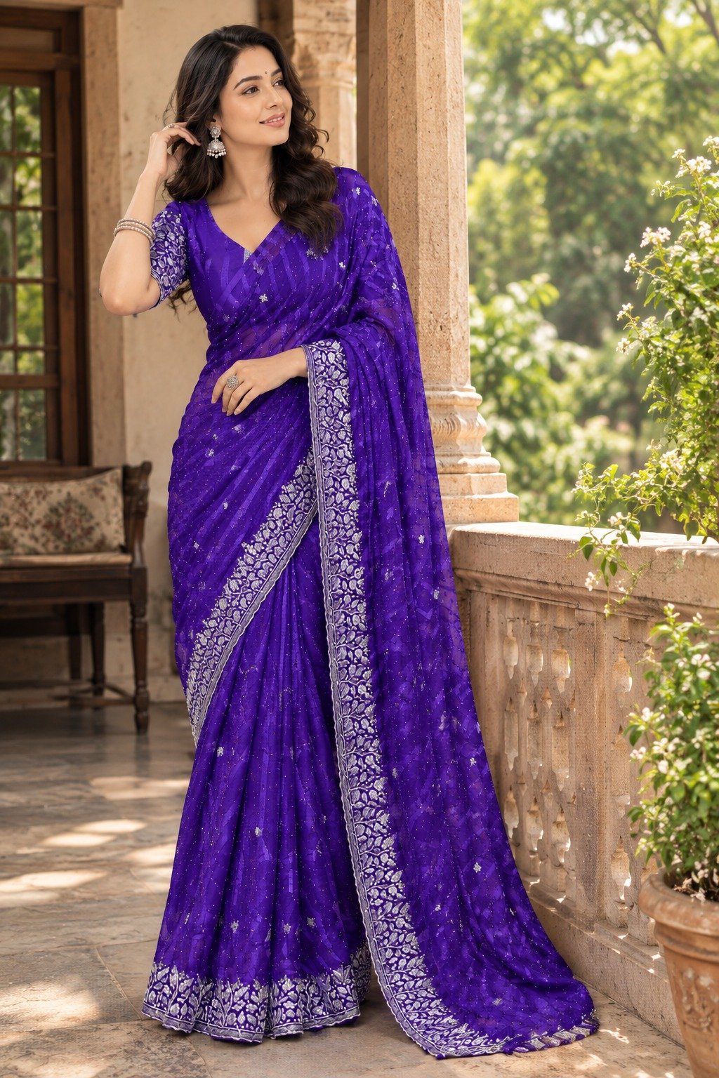 Purple Chiffon Multi Panel Work Designer Saree