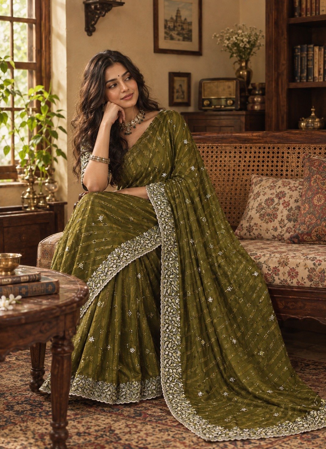 Green Chiffon Multi Panel Work Designer Saree - Image 2