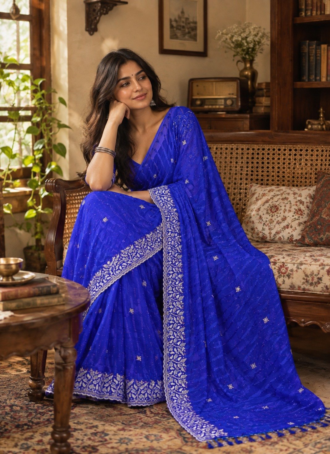 Blue Chiffon Multi Panel Work Designer Saree - Image 2