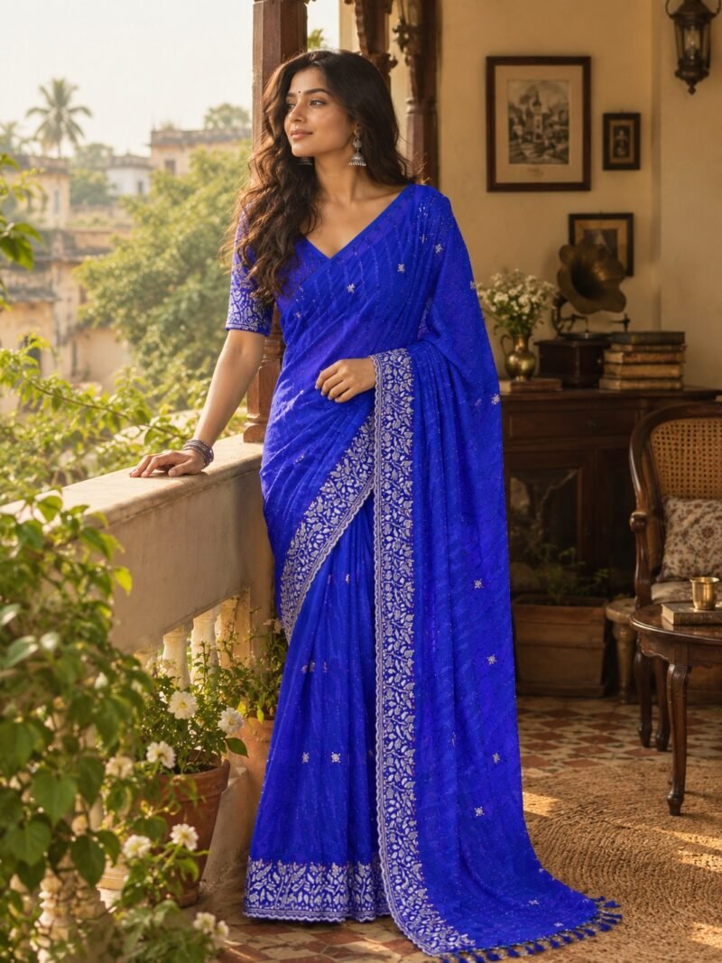 Blue Chiffon Multi Panel Work Designer Saree
