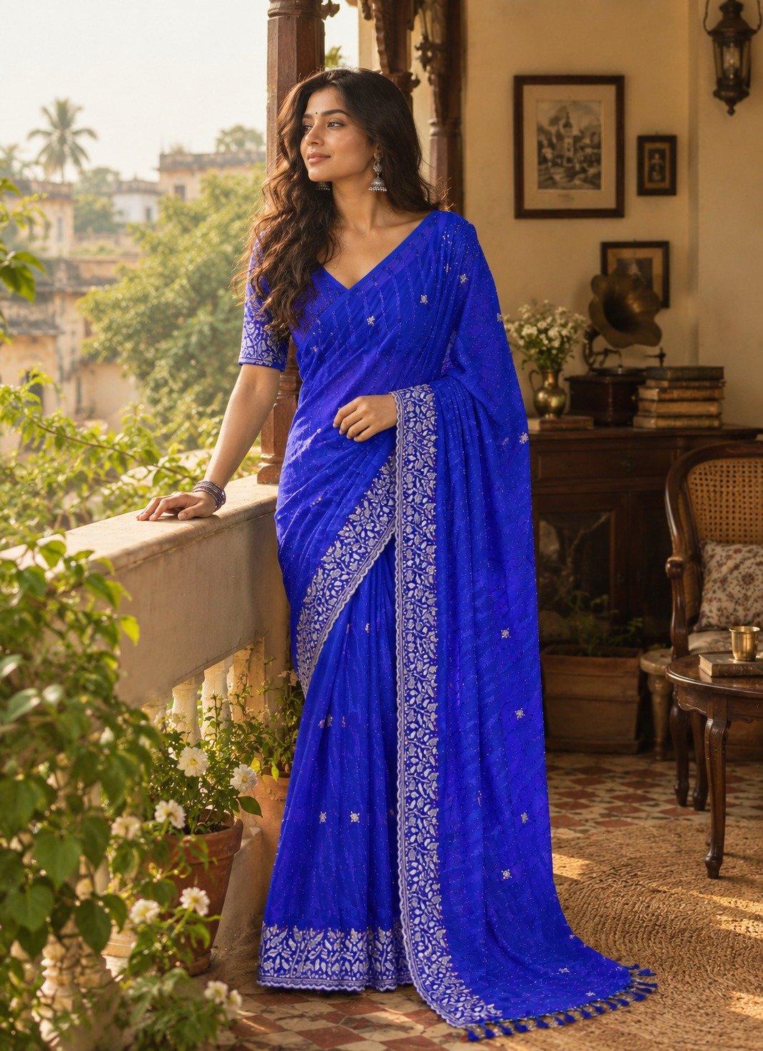Blue Chiffon Multi Panel Work Designer Saree