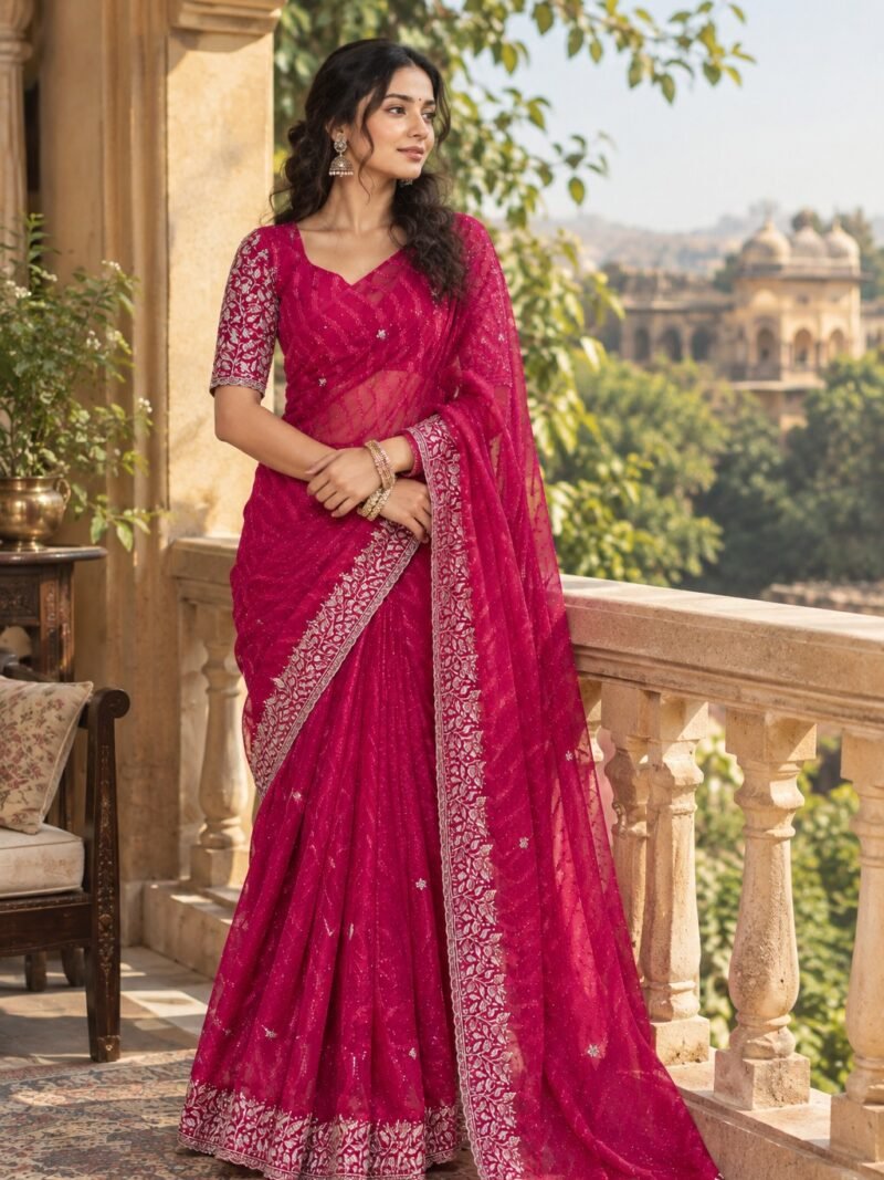 Dark Pink Chiffon Multi Panel Work Designer Saree