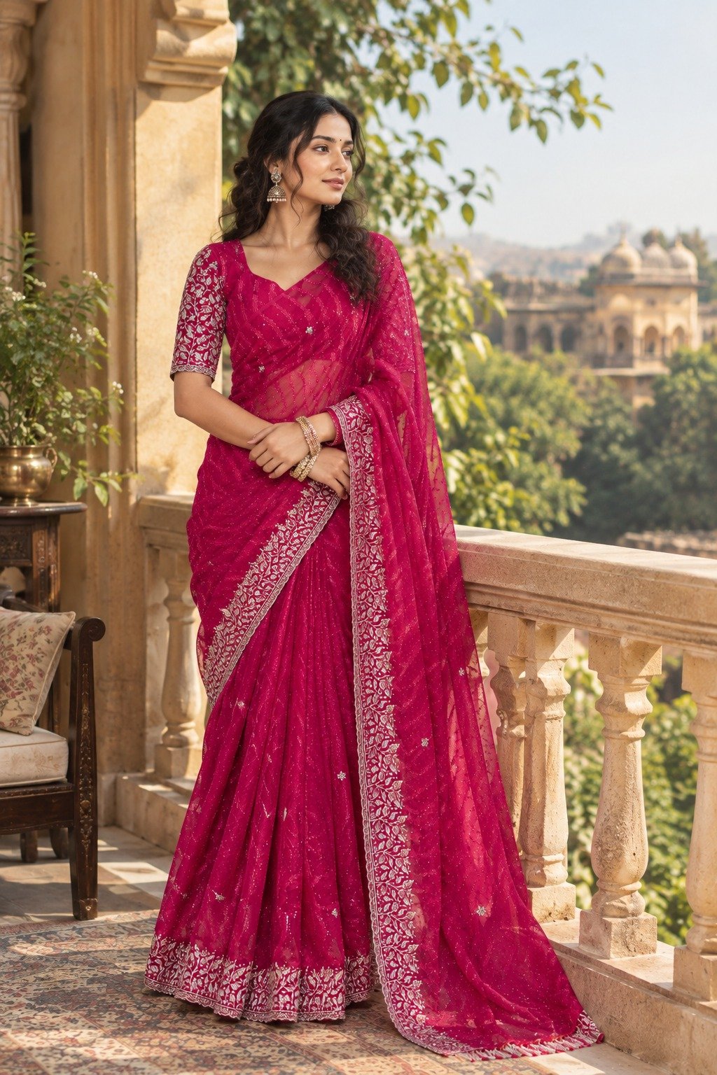 Dark Pink Chiffon Multi Panel Work Designer Saree