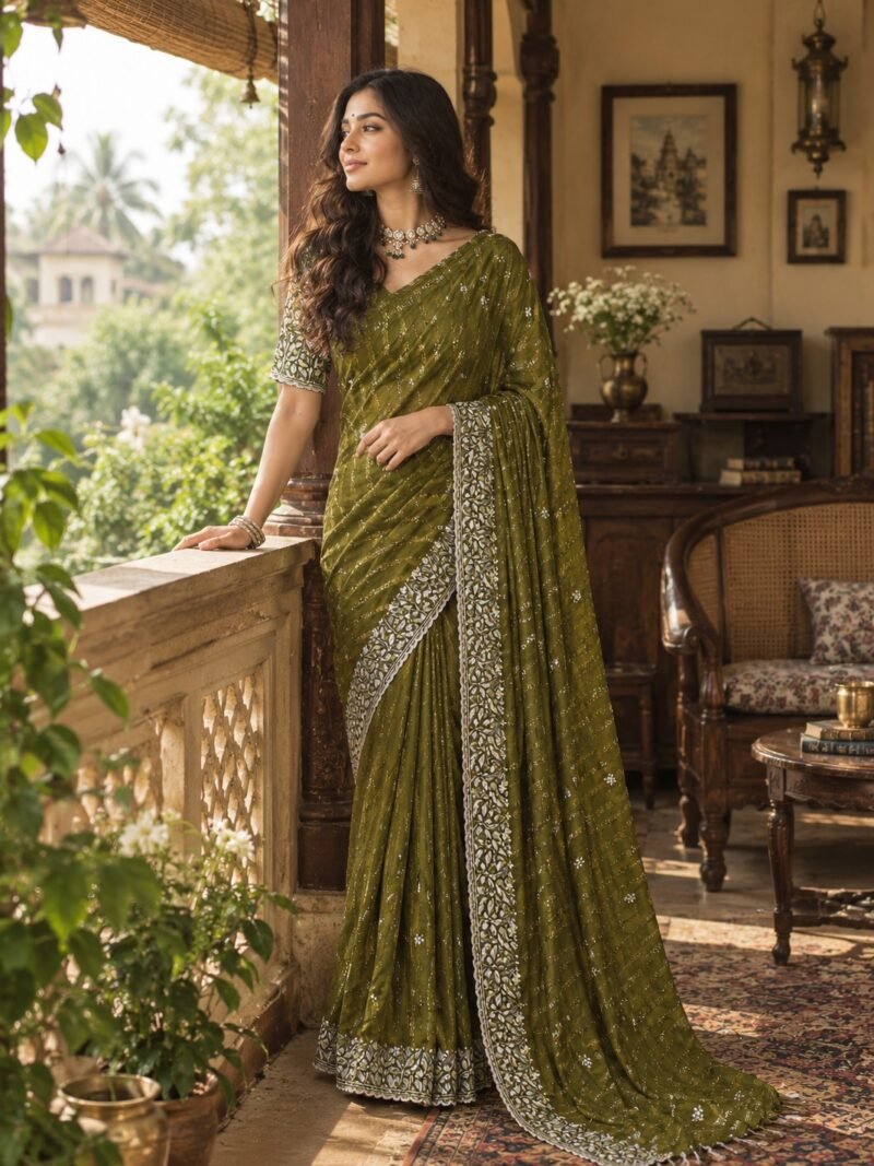 Green Chiffon Multi Panel Work Designer Saree