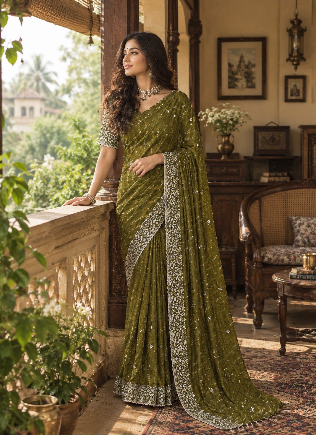 Green Chiffon Multi Panel Work Designer Saree