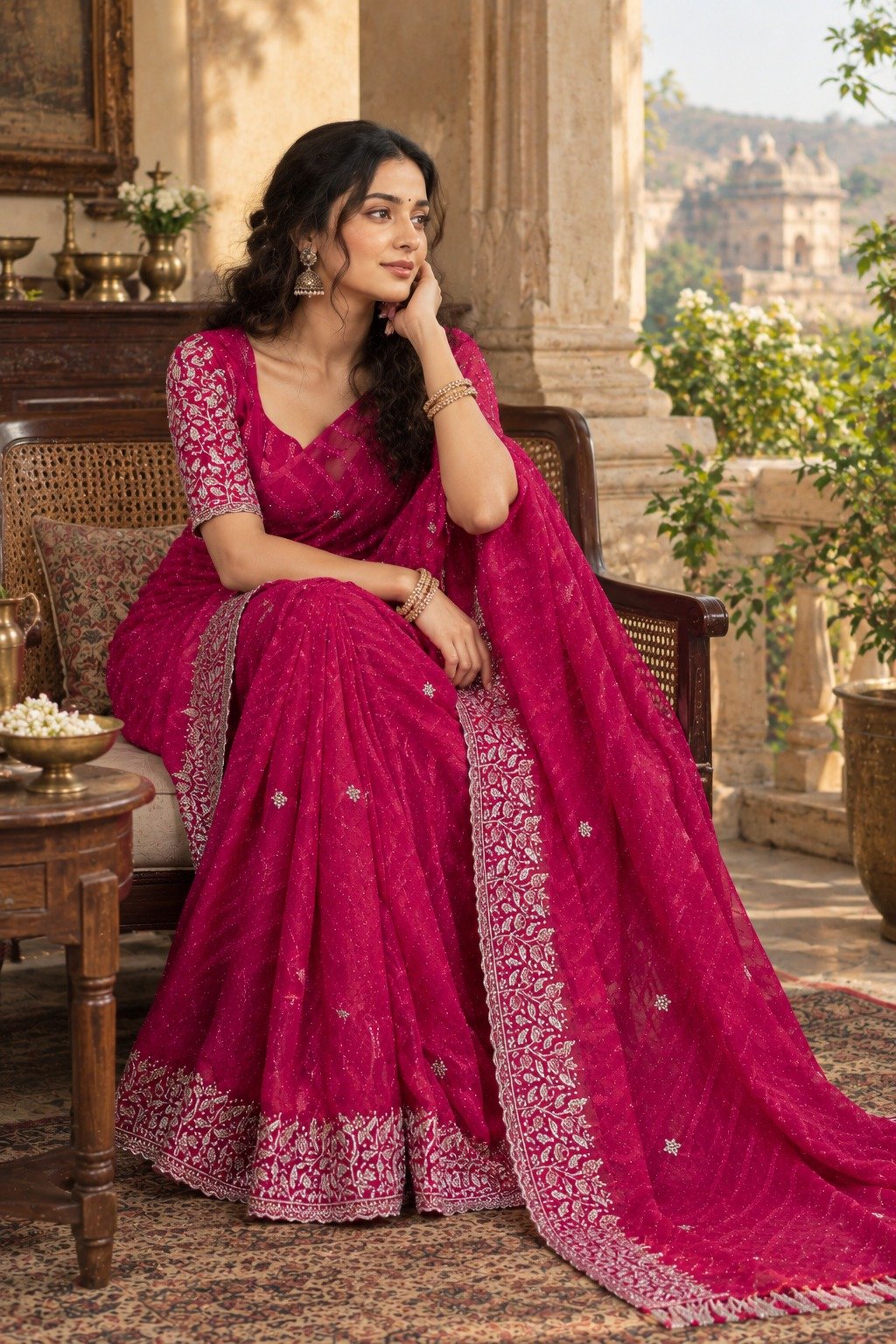 Dark Pink Chiffon Multi Panel Work Designer Saree - Image 2