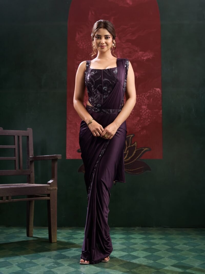 Dark Purple Imported Lycra Beads Work Ready To Wear Designer Saree