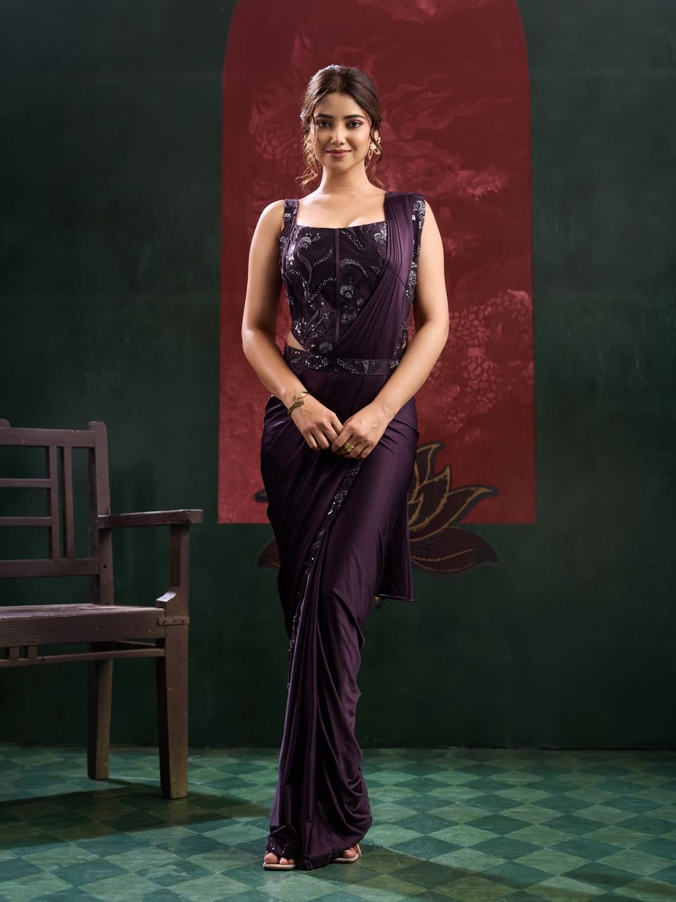 Dark Purple Imported Lycra Beads Work Ready To Wear Designer Saree