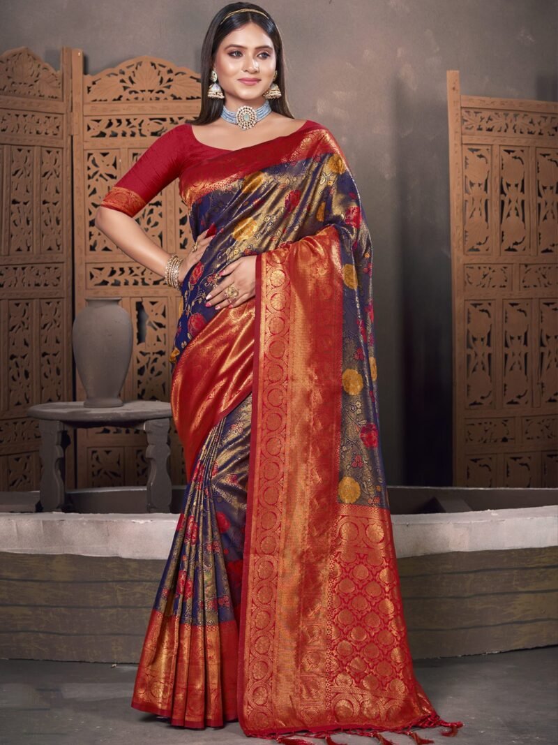 Blue And Red Patola Silk Printed Designer Saree - Rajhans2