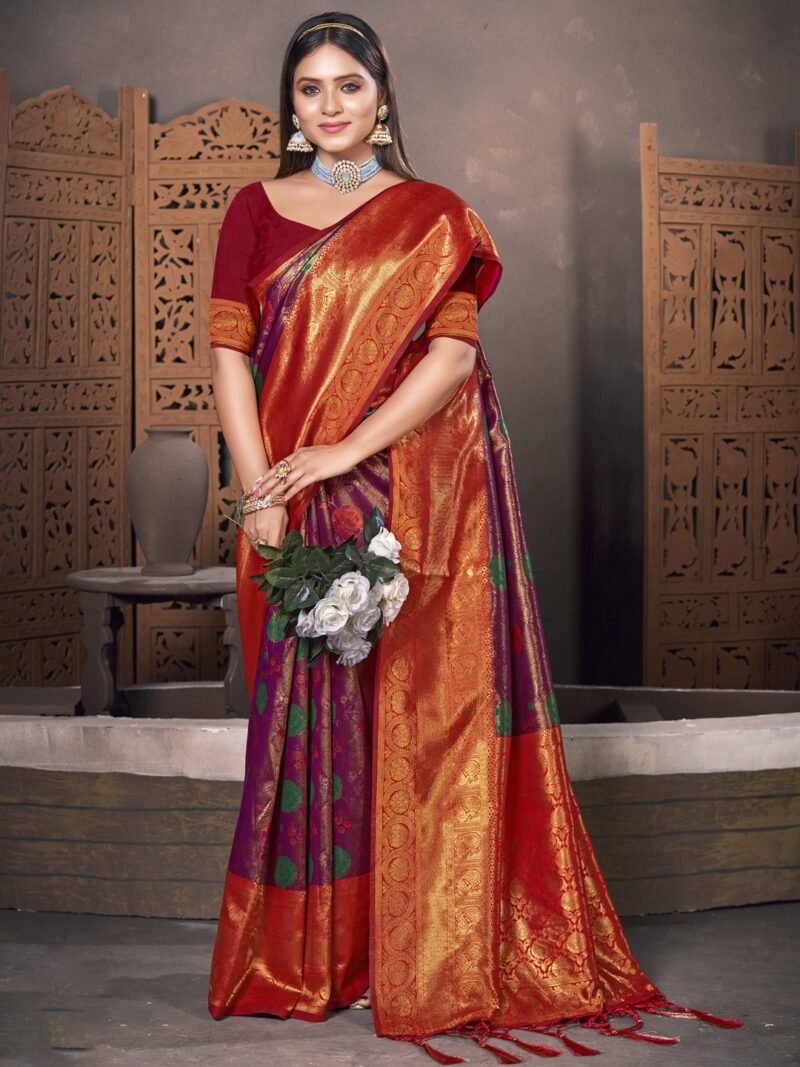 Purple And Red Patola Silk Printed Designer Saree - Rajhans6